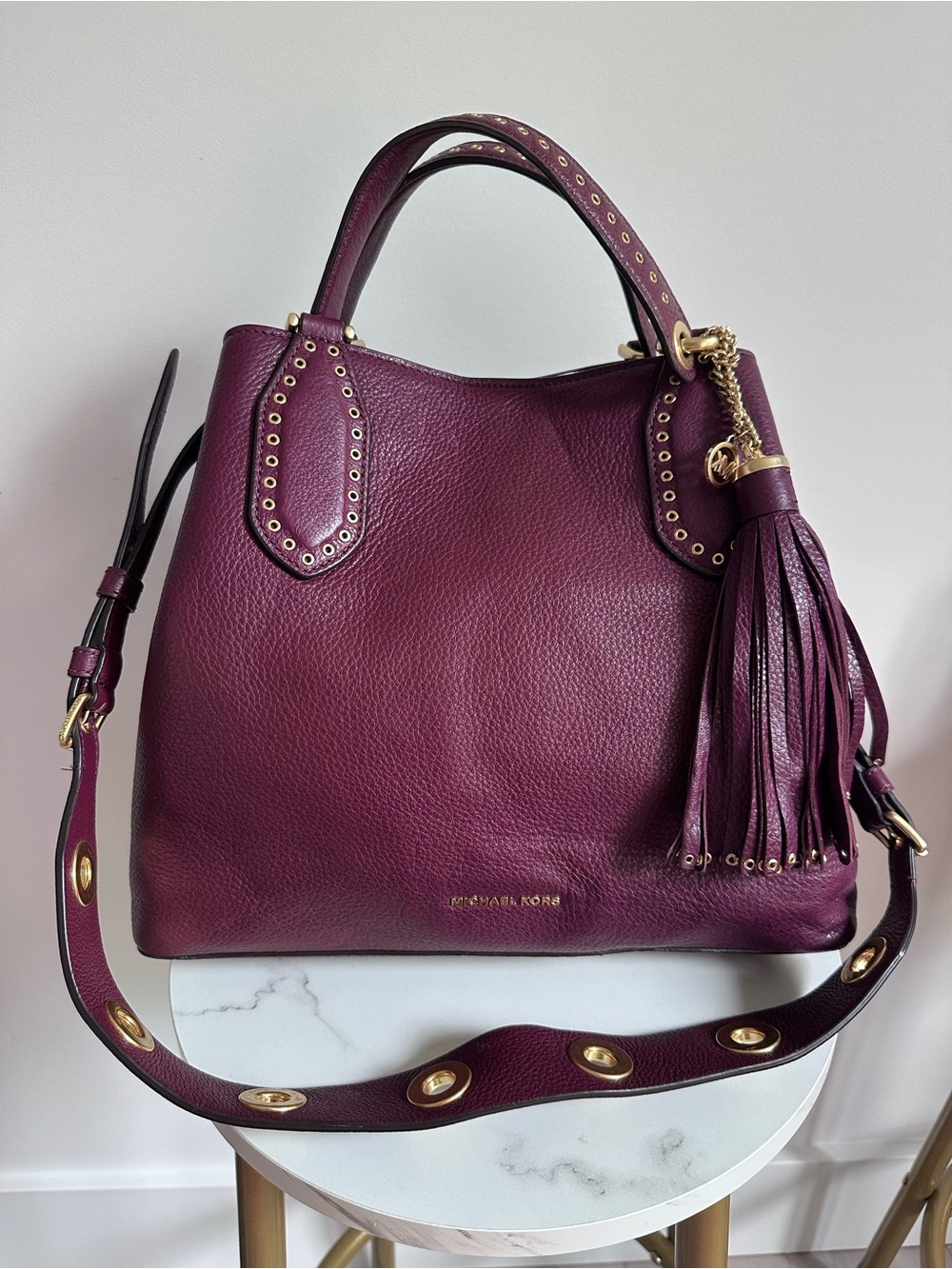 Michael Kors Brooklyn Plum Leather Shoulder Bag with Gold Hardware